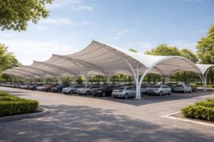 Model tenda membrane melengkung untuk area parkir luas.