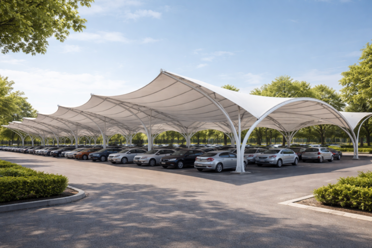 Model tenda membrane melengkung untuk area parkir luas.